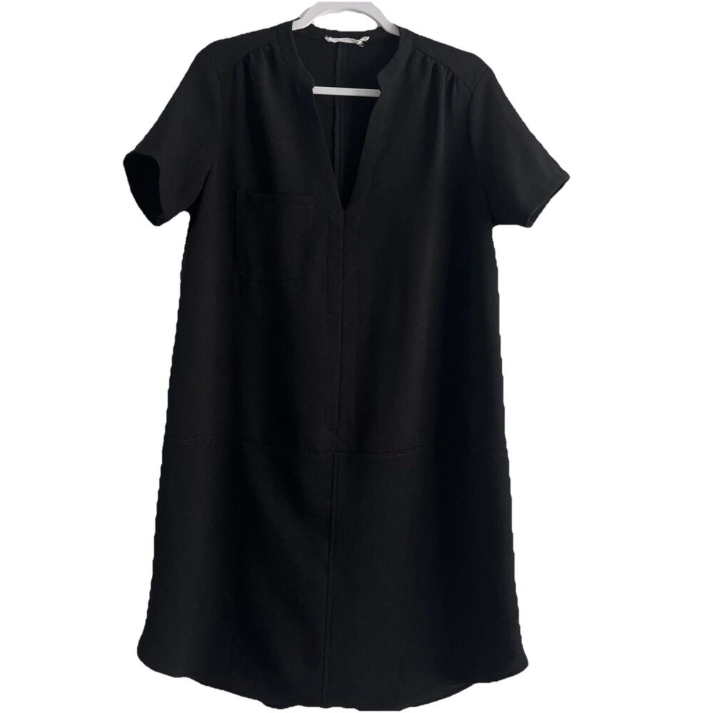 Lush Hailey Crepe Dress Shift V-Neck Short Sleeve Black Curved Hem Large